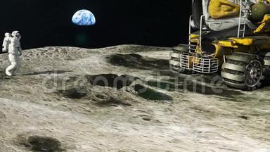 月球上的宇航员在探索<strong>地球</strong>卫星后<strong>返回</strong>月球漫游者。